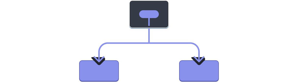 Diagram with a tree of three components. The parent contains a bubble representing a value highlighted in purple. The value flows down to each of the two children, both highlighted in purple.